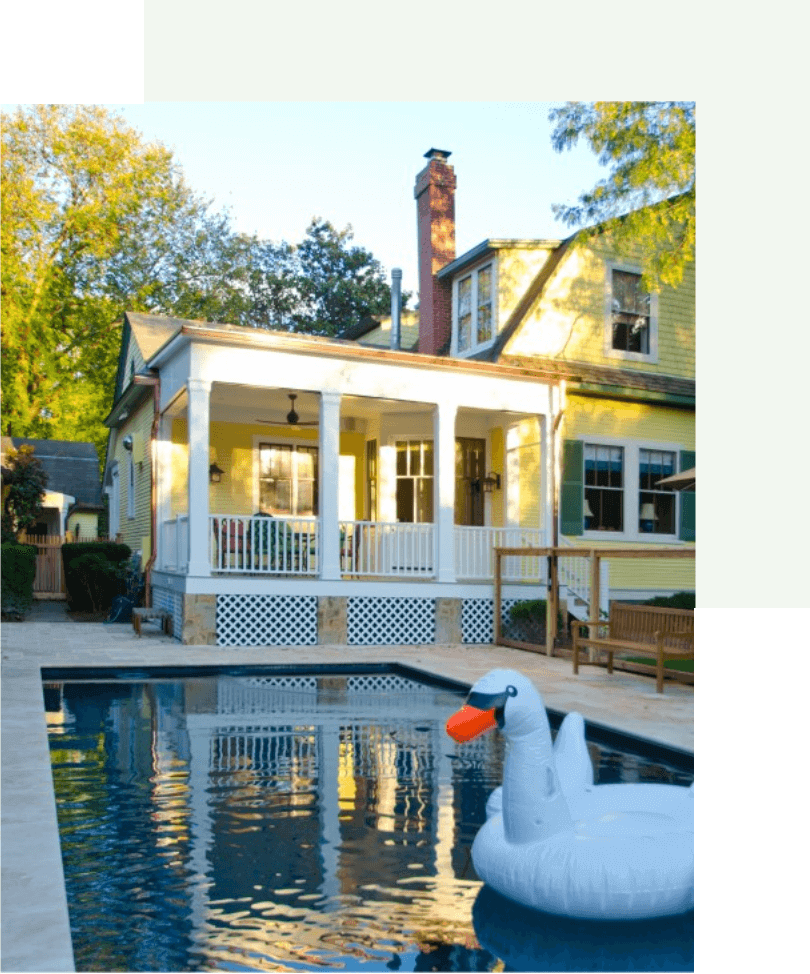 special project of a covered porch and pool desk with a white swan pool float