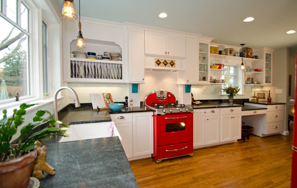 White kitchen with red appliances